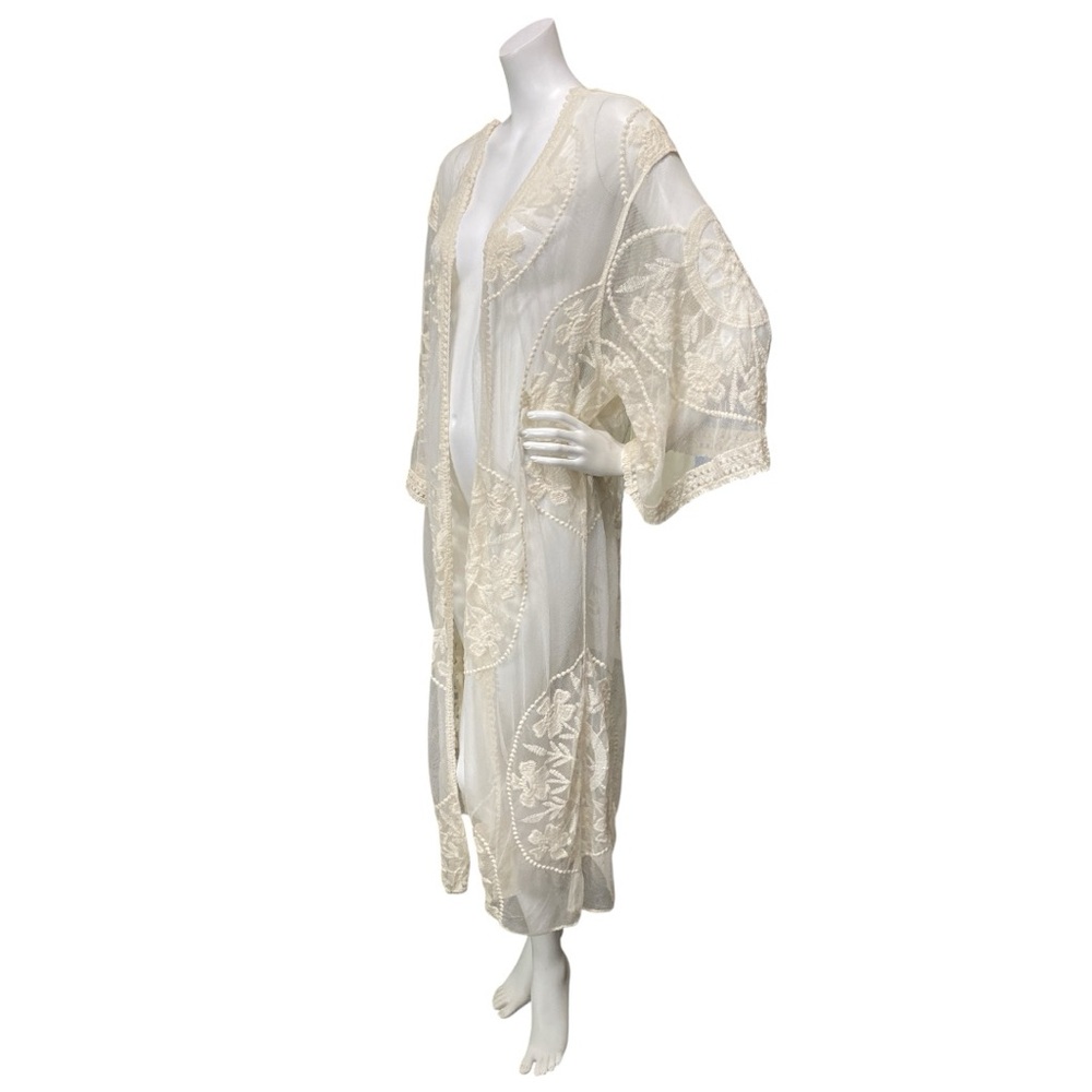 FLORAL BLOOMING Kimono Lace Cover Up Long Duster Beige  Open Front Boho Sz Large - Picture 9 of 17